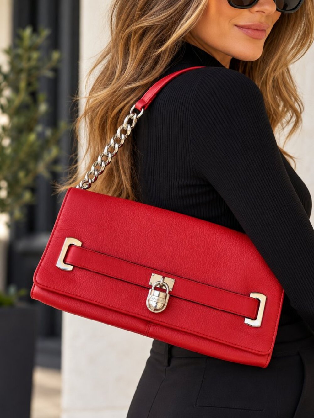 Calvin Klein Red Genuine Leather Shoulder Bag Convertible Clutch Silver Hardware